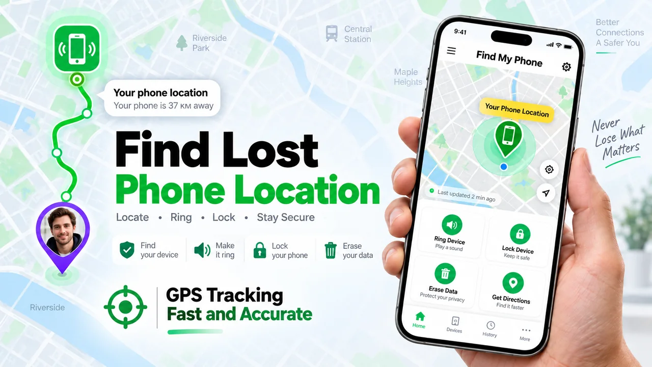 Find My Phone app showing your phone on a map with ring, lock and directions buttons